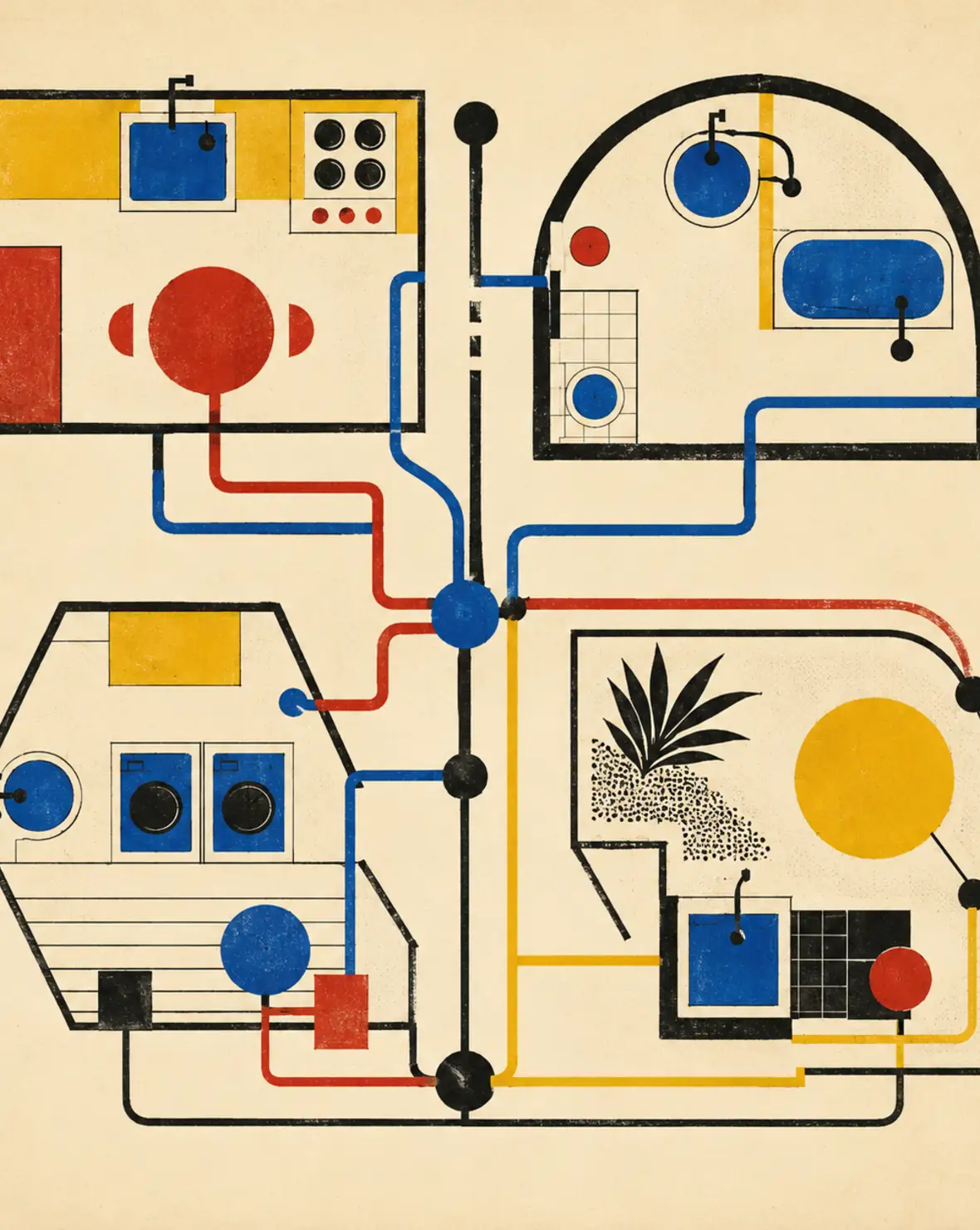 Plano doméstico de inspiración Bauhaus con estancias y puntos de agua unidos por líneas de colores